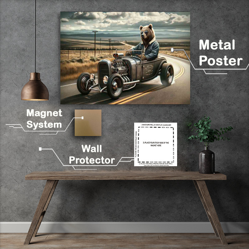 Buy Metal Poster : (Solo Bear Driving an American Hot Rod)
