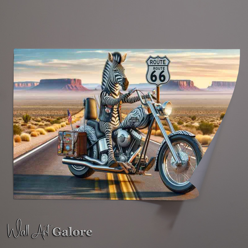 Buy Unframed Poster : (Solo Zebra on an American Chopper on Route 66)