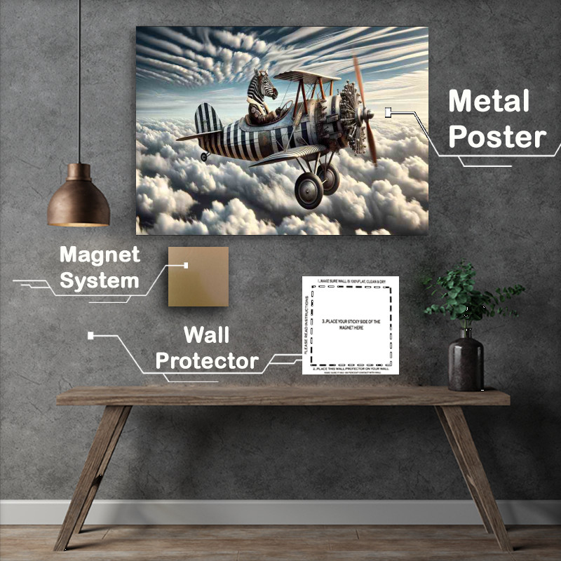 Buy Metal Poster : (Zebra Piloting a Bi Plane with Spinning Propeller)