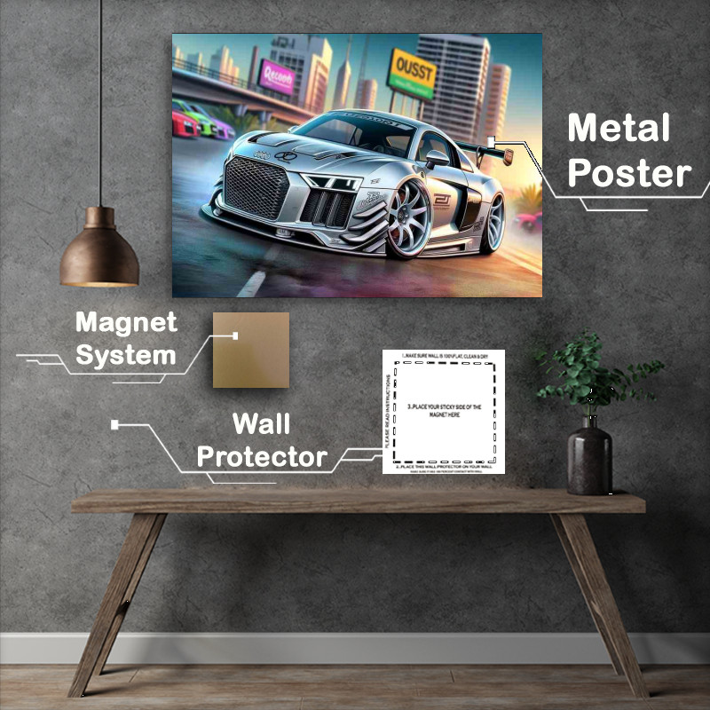 Buy Metal Poster : (Audi R8 with extremely exaggerated features in silver)