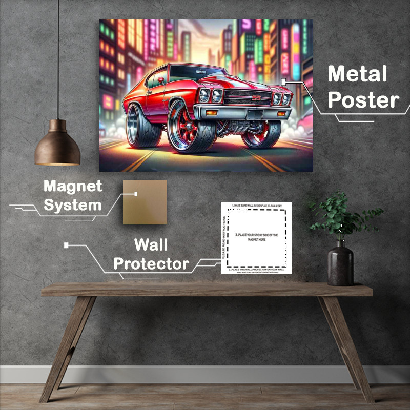 Buy Metal Poster : (Chevrolet Chevelle SS style in red cartoon big wheels)