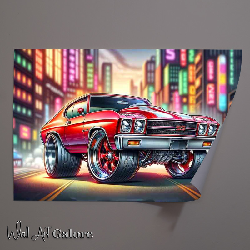 Buy Unframed Poster : (Chevrolet Chevelle SS style in red cartoon big wheels)