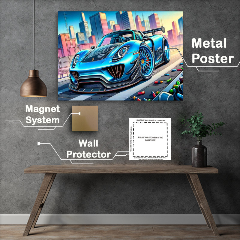 Buy Metal Poster : (Porsche 918 Spyder style in blue cartoon)