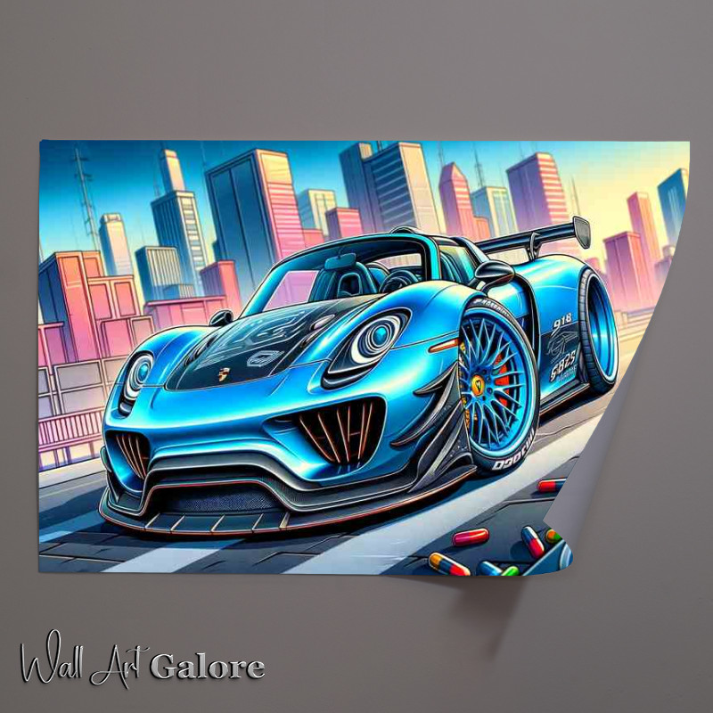 Buy Unframed Poster : (Porsche 918 Spyder style in blue cartoon)