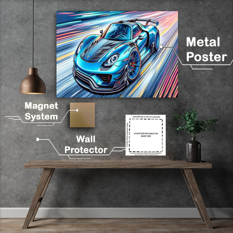 Buy Metal Poster : (Porsche 918 Spyder style in light blue cartoon)