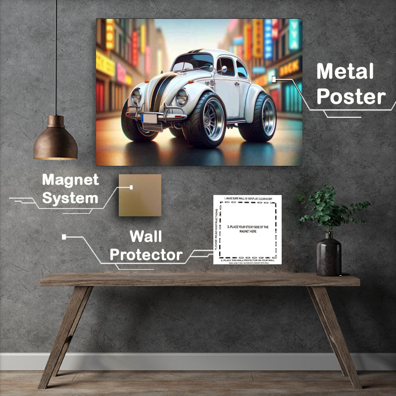 Buy Metal Poster : (Volkswagen Beetle style with big wheels in white)