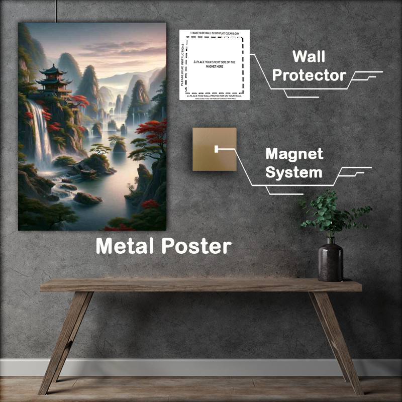 Buy Metal Poster : (Ancient Chinese Landscape with Waterfall)