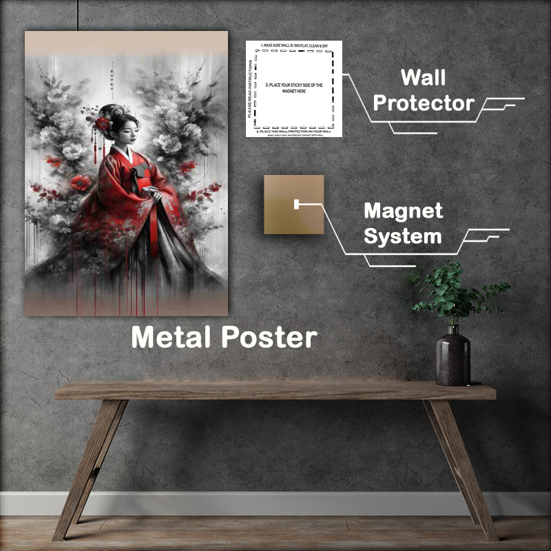 Buy Metal Poster : (Elegant Asian Beauty Traditional Red Hanbok)