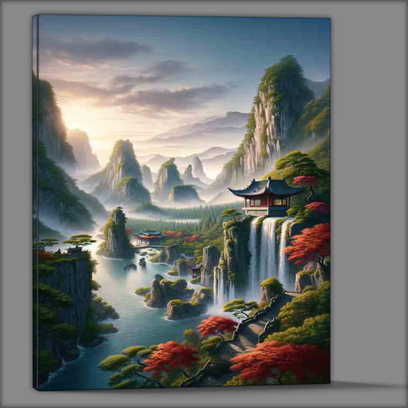 Buy Canvas : (Tranquil Ancient Chinese Landscape with Waterfal)