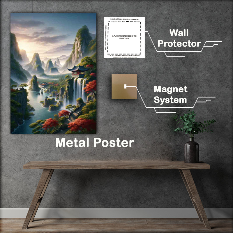 Buy Metal Poster : (Tranquil Ancient Chinese Landscape with Waterfal)