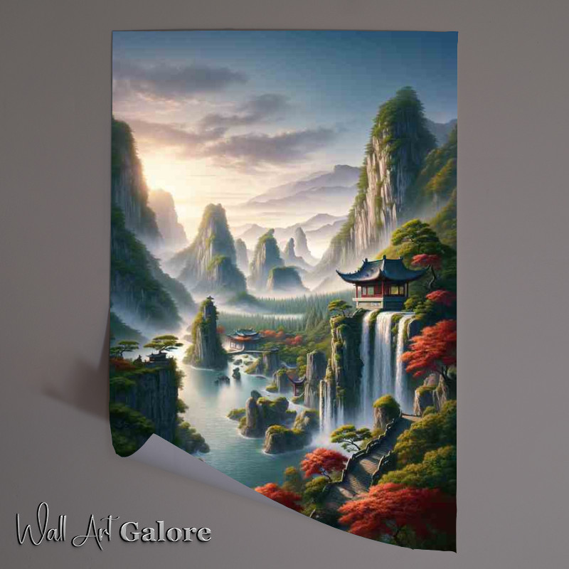 Buy Unframed Poster : (Tranquil Ancient Chinese Landscape with Waterfal)