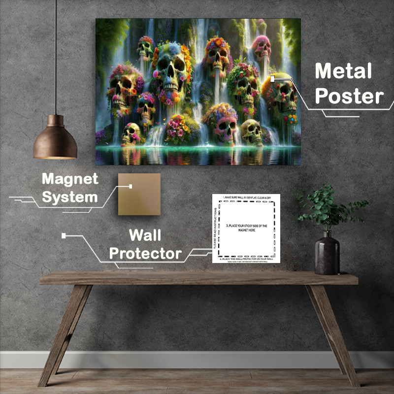 Buy Metal Poster : (Skeletal Floral Cascade down a vibrant floral waterfall)