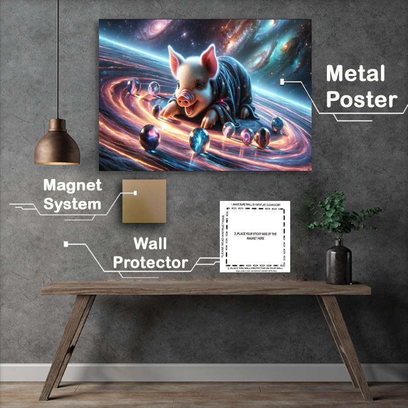 Buy Metal Poster : (Interstellar Piglet Playing with Galaxy Marbles)