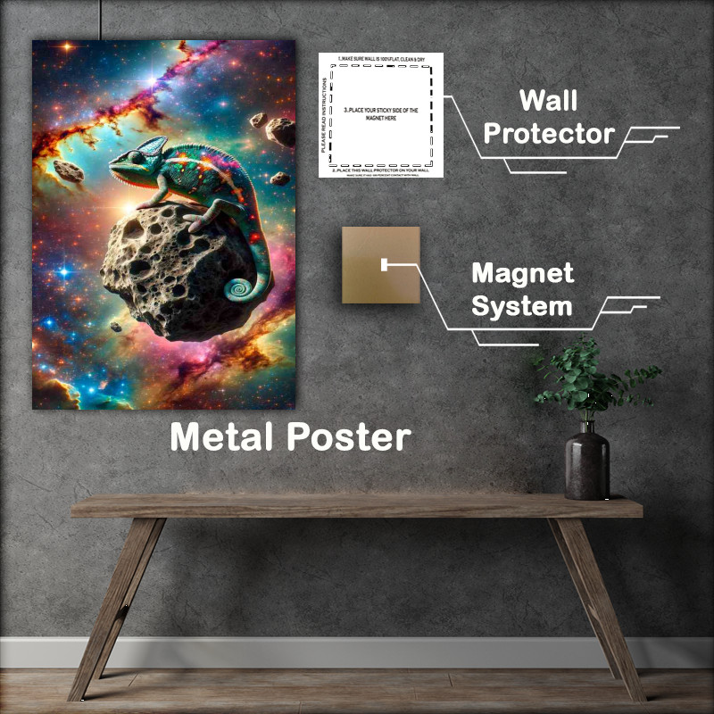 Buy Metal Poster : (Cosmic Chameleon perched on an asteroid)