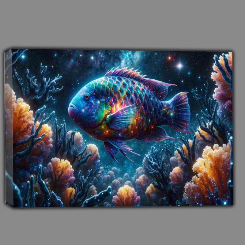 Buy Canvas : (Cosmic Parrotfish Among Starry Corals swimming)