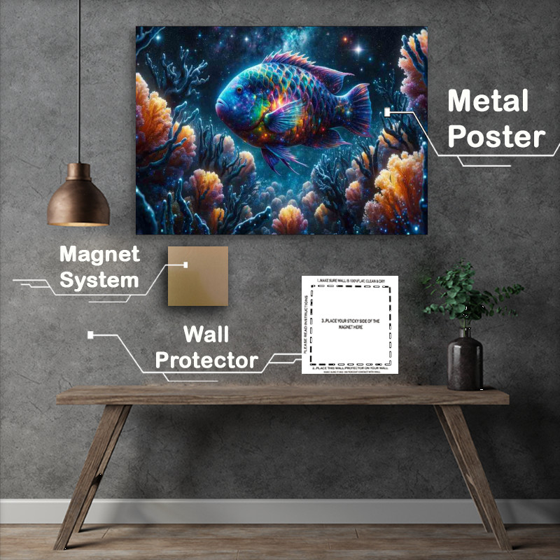 Buy Metal Poster : (Cosmic Parrotfish Among Starry Corals swimming)