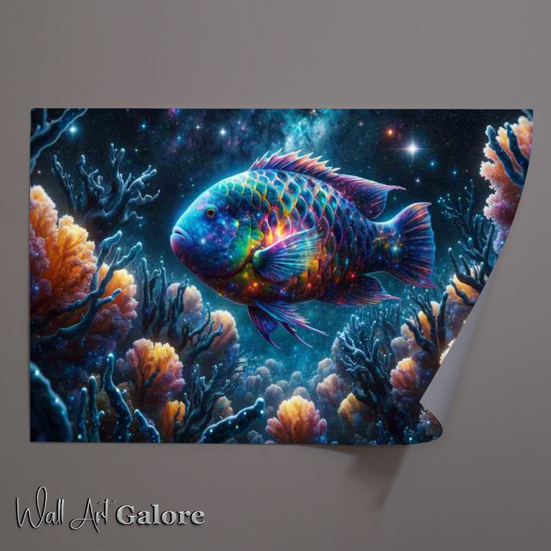 Buy Unframed Poster : (Cosmic Parrotfish Among Starry Corals swimming)
