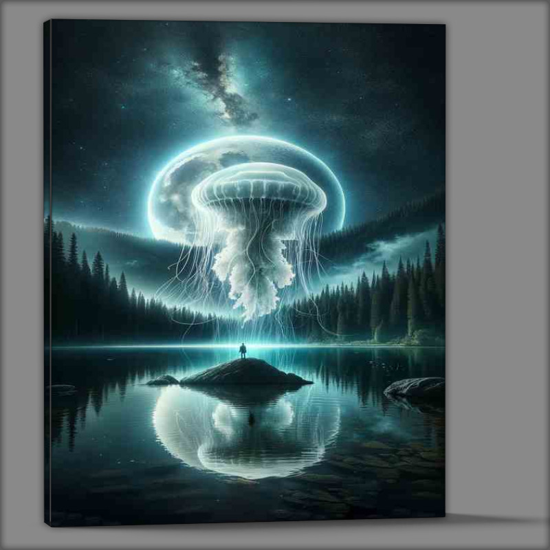 Buy Canvas : (Jellyfish Orbiting Moon Over Lake at night)