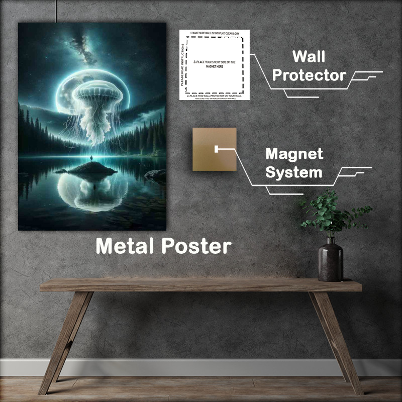 Buy Metal Poster : (Jellyfish Orbiting Moon Over Lake at night)