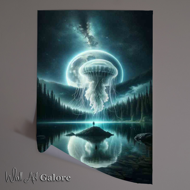 Buy Unframed Poster : (Jellyfish Orbiting Moon Over Lake at night)