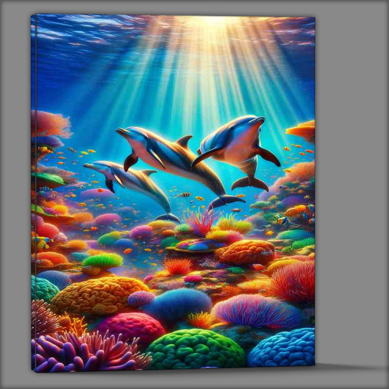 Buy Canvas : (Rainbow Reef Dolphin Dance The dolphins skins gleam)