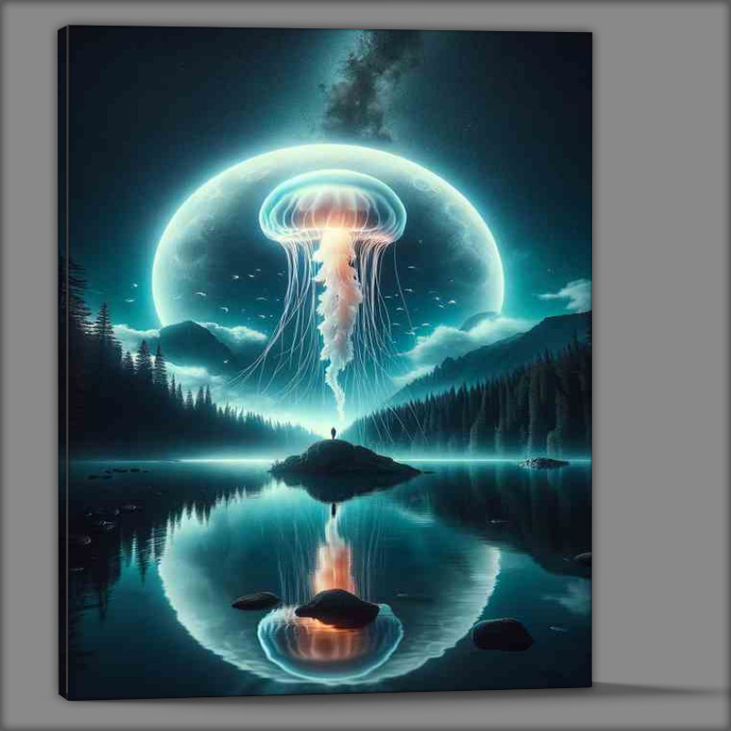 Buy Canvas : (Surreal Jellyfish Orbiting Moon Over Lake)