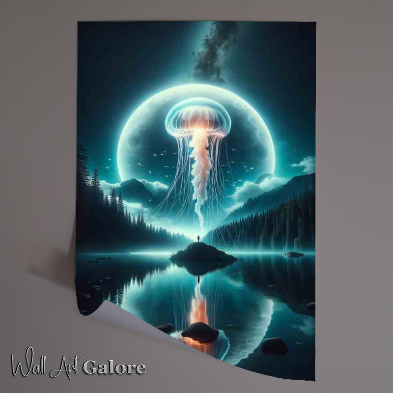 Buy Unframed Poster : (Surreal Jellyfish Orbiting Moon Over Lake)