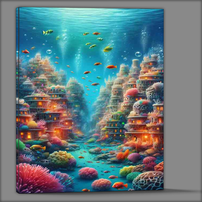 Buy Canvas : (Whimsical Underwater Cityscape teeming with life and color)