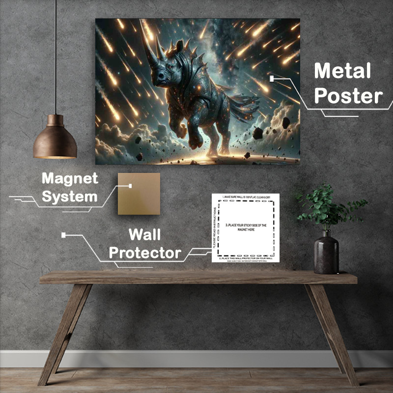 Buy Metal Poster : (Celestial Rhino Charging Across Meteor Showers)