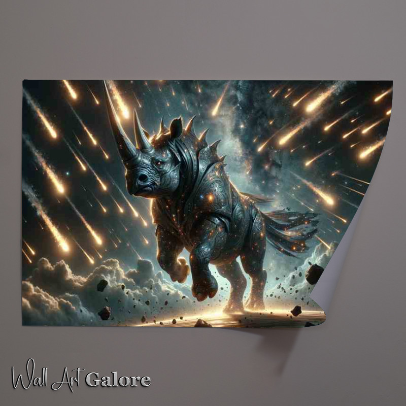 Buy Unframed Poster : (Celestial Rhino Charging Across Meteor Showers)