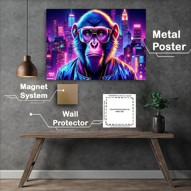 Buy Metal Poster : (Neon Nightlife Ape Vibrant Monkey in Cityscape)