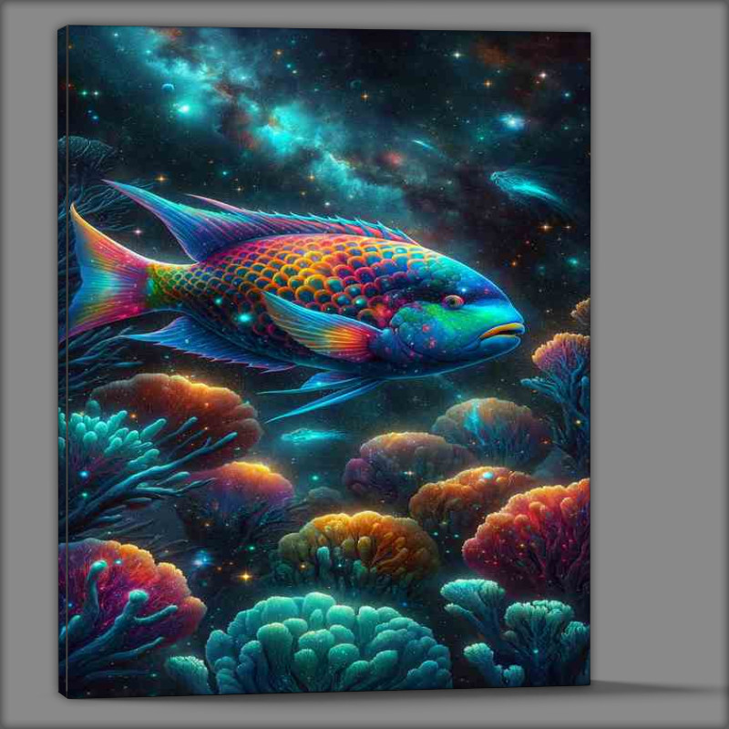 Buy Canvas : (Cosmic Parrotfish Among Starry Corals swimming among twinkle)