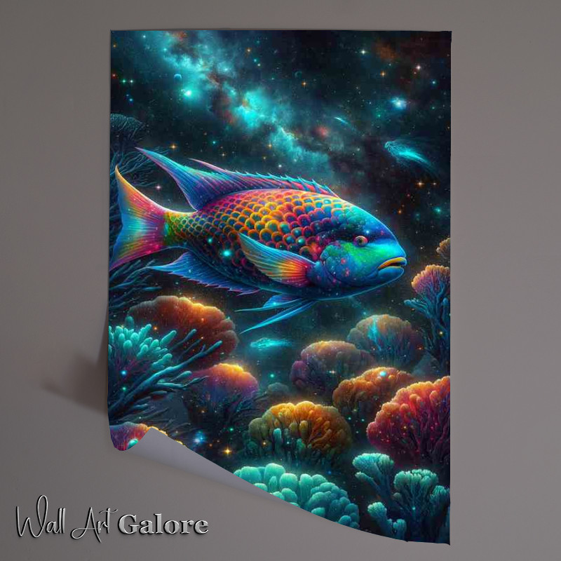 Buy Unframed Poster : (Cosmic Parrotfish Among Starry Corals swimming among twinkle)