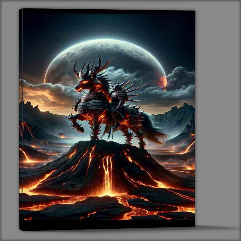 Buy Canvas : (Fiery Samurai Spirit Overlooking Crater on top of the lava)