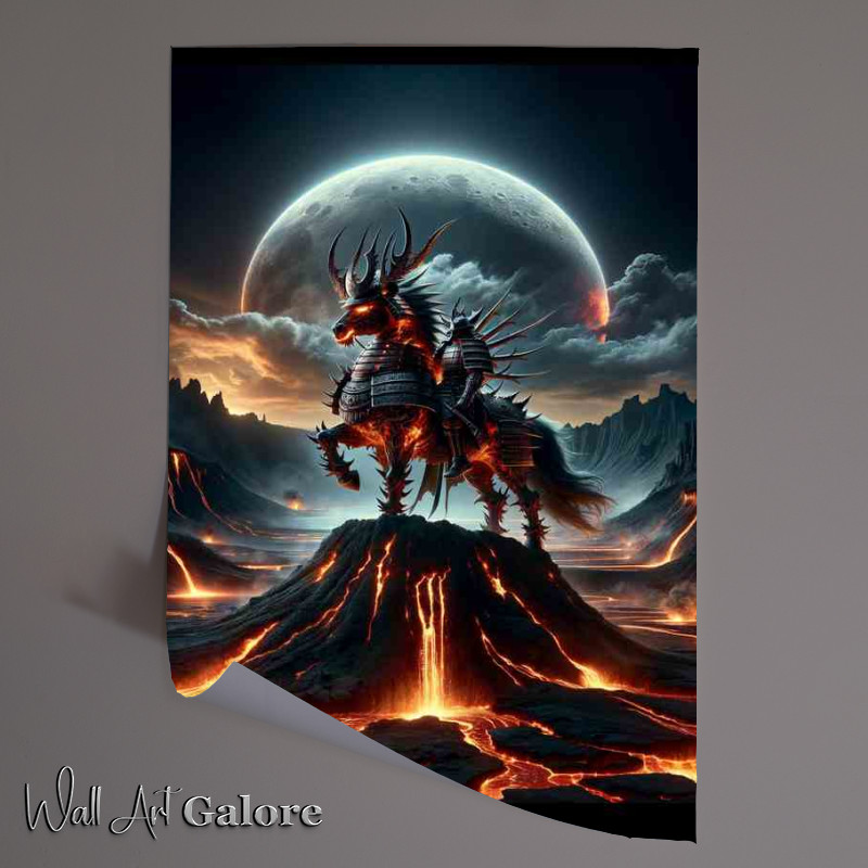 Buy Unframed Poster : (Fiery Samurai Spirit Overlooking Crater on top of the lava)