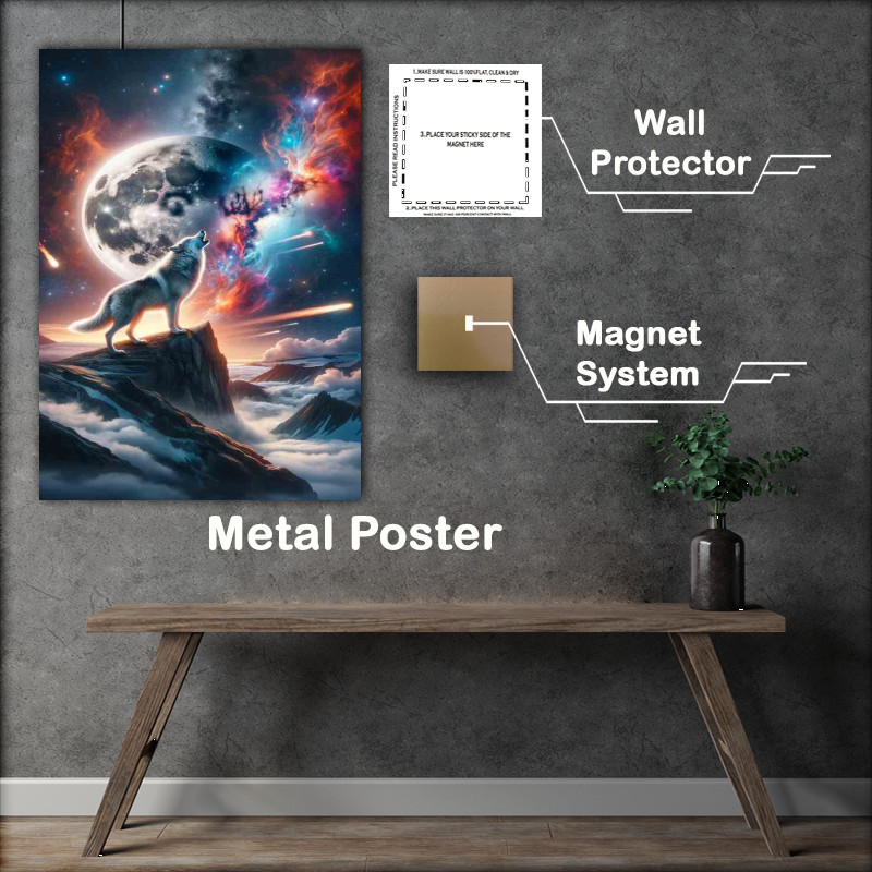 Buy Metal Poster : (Lunar Wolf Howling at Cosmic Phenomena)