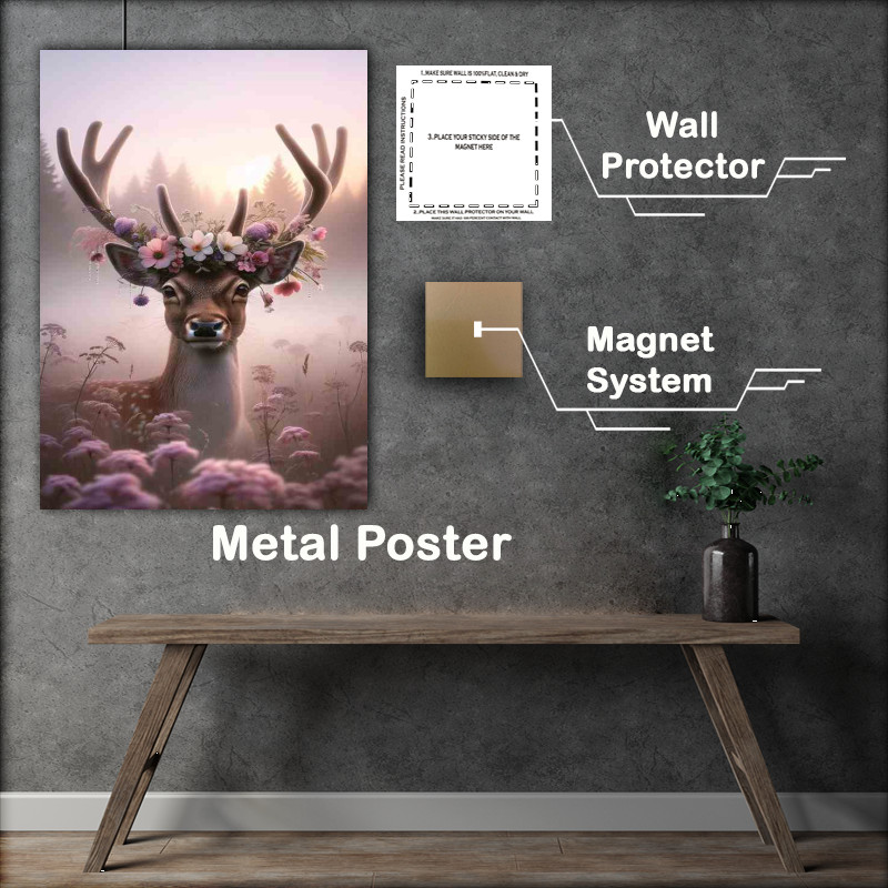 Buy Metal Poster : (Misty Dawn A Deer in a Flower Crown gazing softly)
