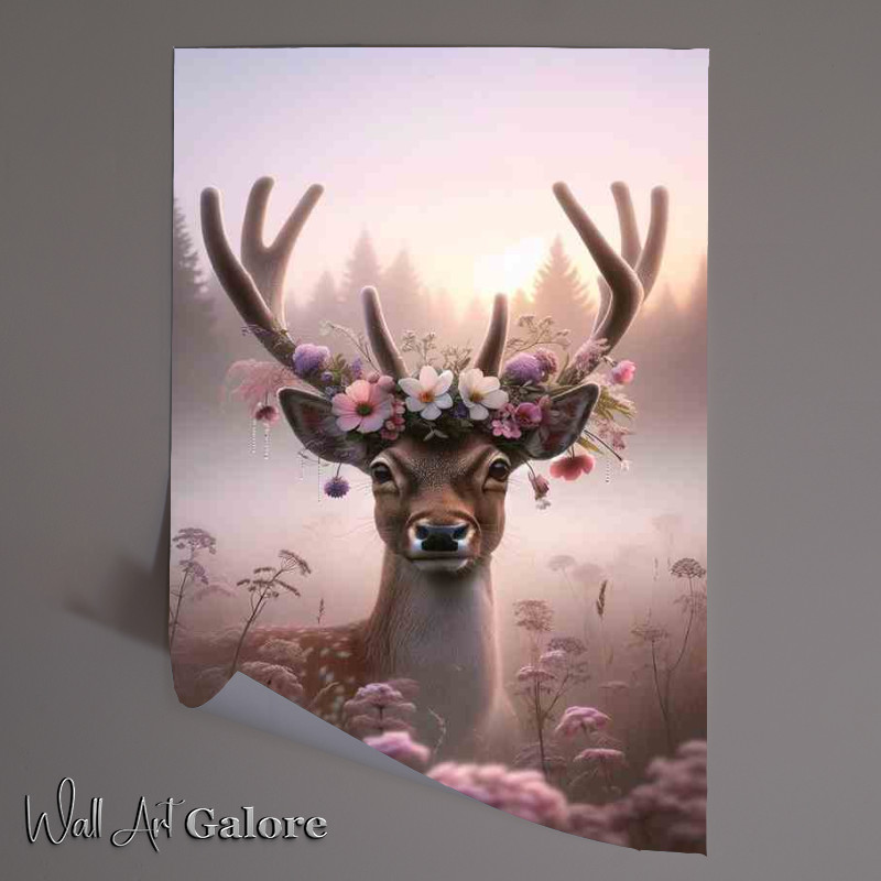 Buy Unframed Poster : (Misty Dawn A Deer in a Flower Crown gazing softly)
