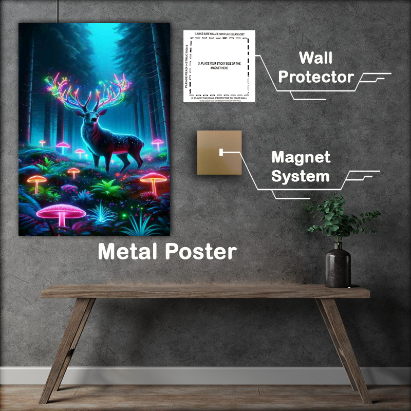 Buy : (Neon Forest Guardian - Illuminated Stag Metal Poster)