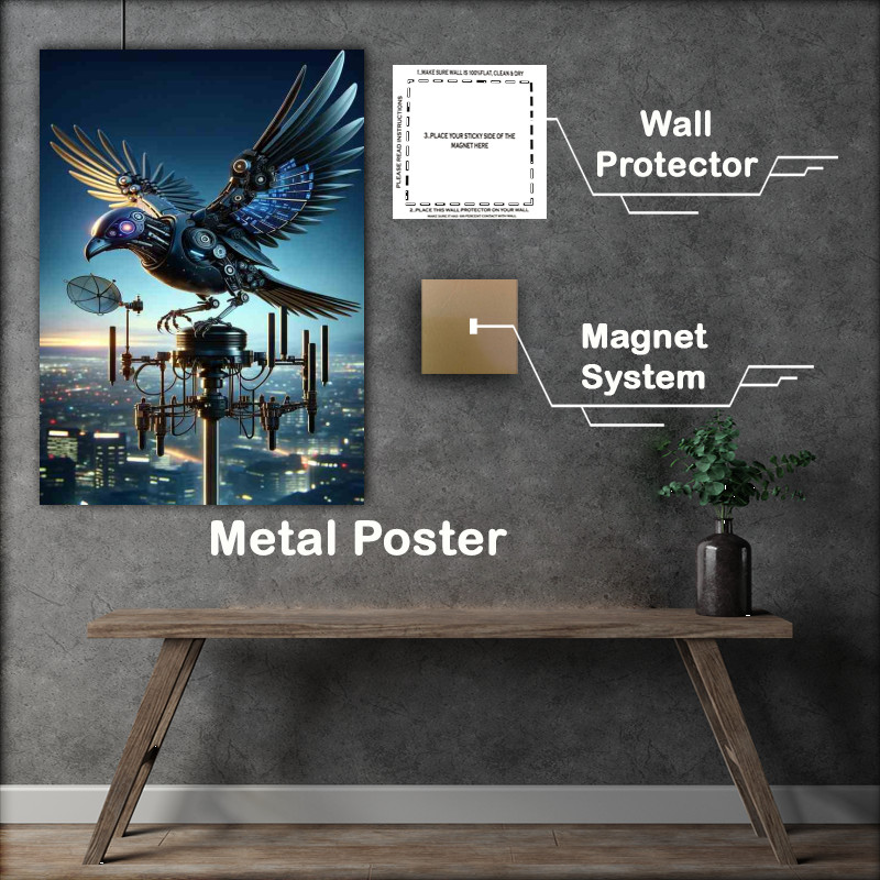 Buy Metal Poster : (Automated Avian Messenger mechanical bird perched)
