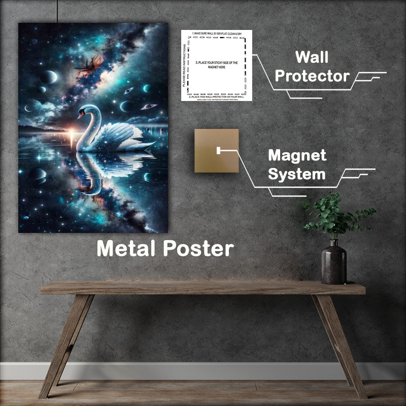 Buy Metal Poster : (Celestial Swan gliding on a cosmic lake)