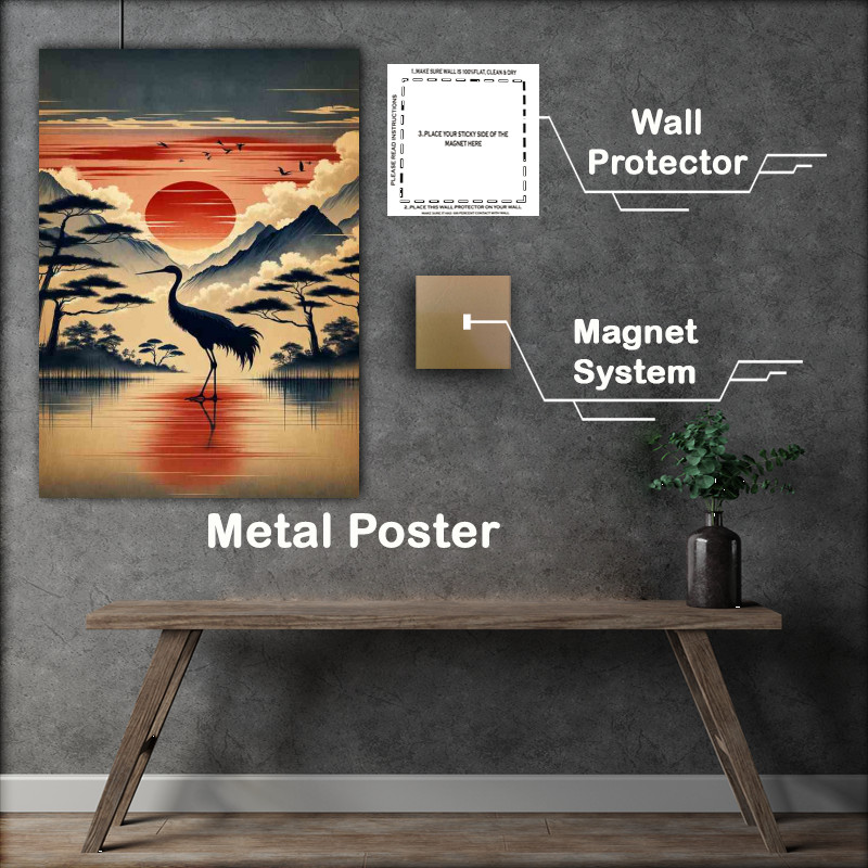 Buy Metal Poster : (Majestic Crane Silhouette Asian Sunrise)