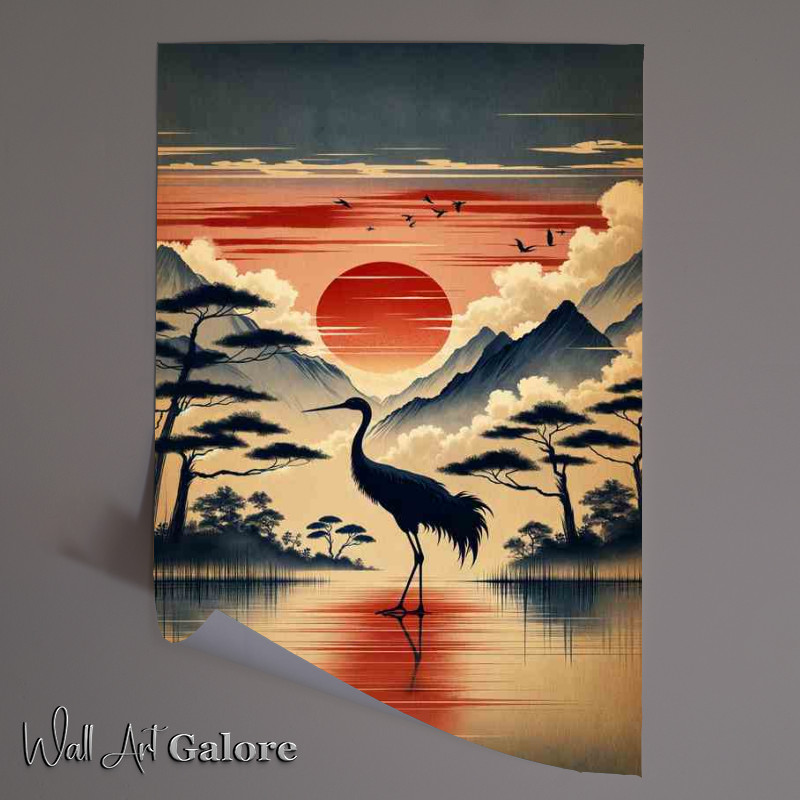 Buy Unframed Poster : (Majestic Crane Silhouette Asian Sunrise)