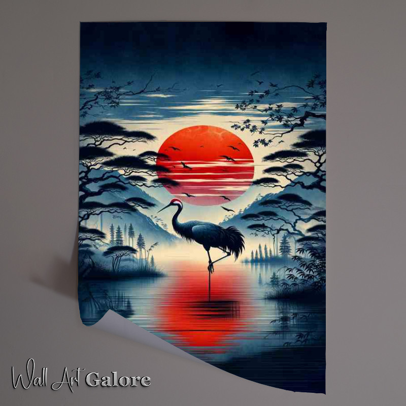 Buy Unframed Poster : (Majestic Crane Silhouette Asian Sunrise Elegance)