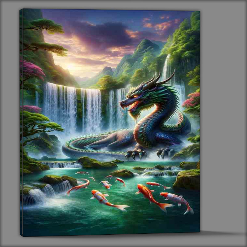Buy Canvas : (Majestic Dragon Falls perched beside a waterfall Japanese)