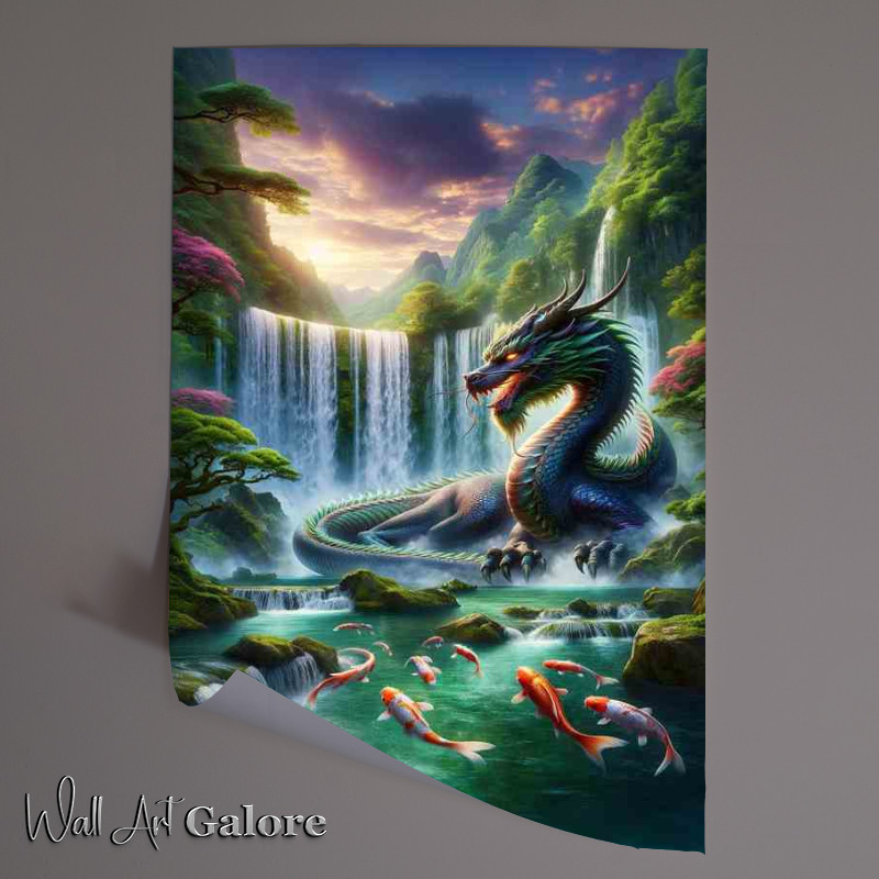 Buy Unframed Poster : (Majestic Dragon Falls perched beside a waterfall Japanese)