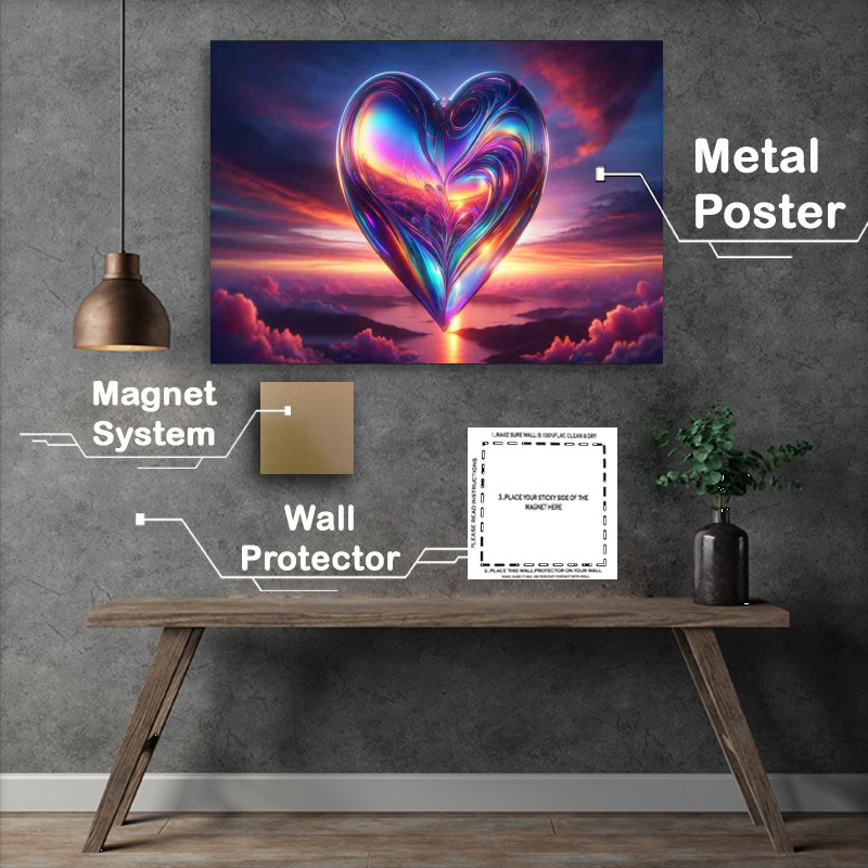 Buy Metal Poster : (Iridescent Glass Heart Against Sunset Vista)