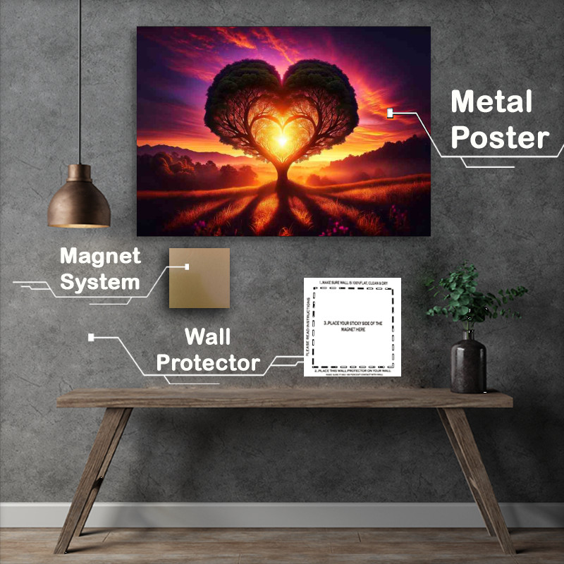 Buy Metal Poster : (Sunset Silhouette Heart Tree Romance Scenery)