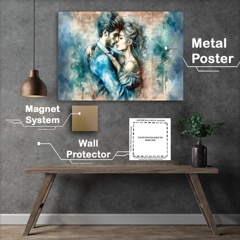Buy Metal Poster : (The Romantic Embrace Watercolor Newspaper Background)