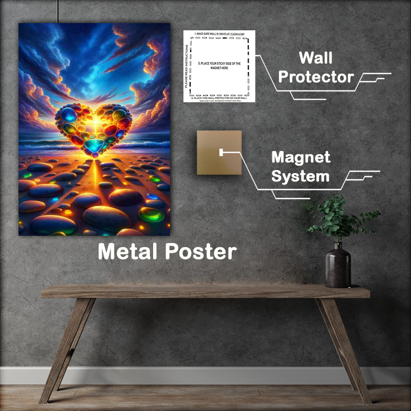 Buy Metal Poster : (Beach Heart Stones Glowing with sun)
